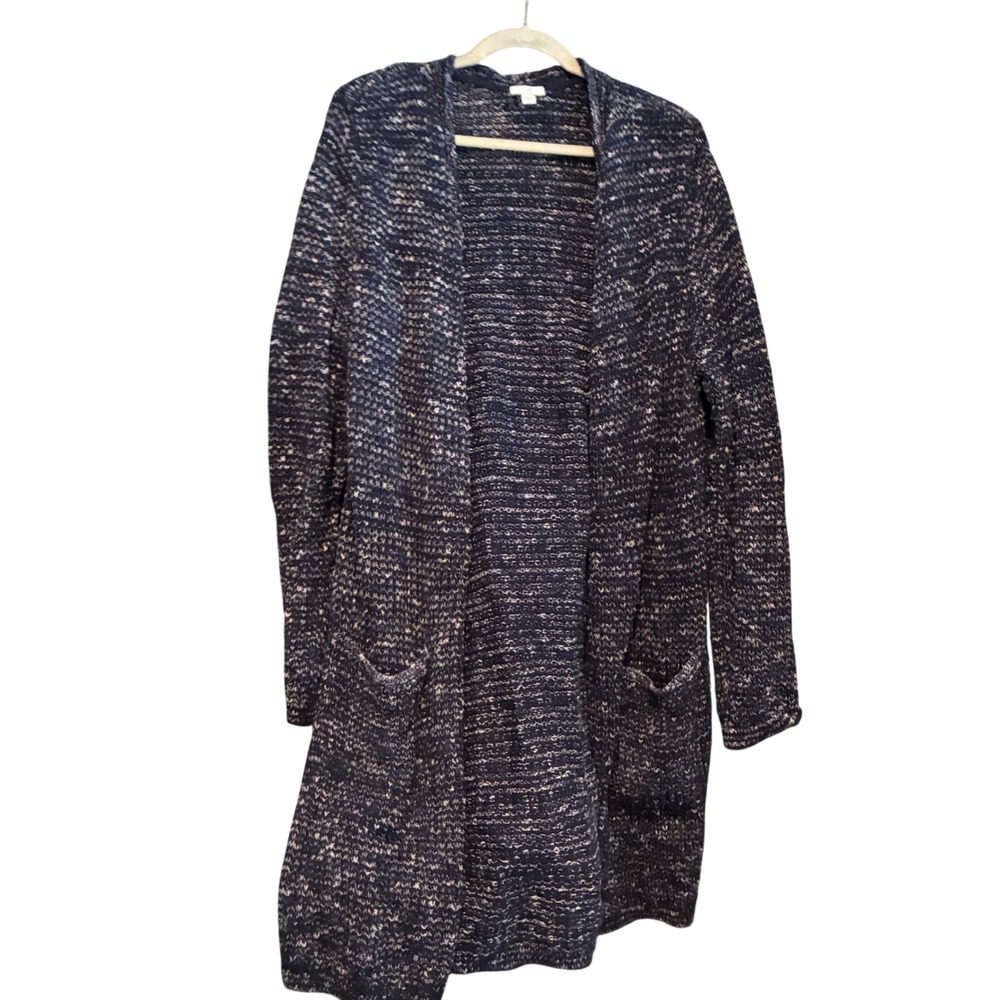 J. Jill Speckled Knit Cardigan Duster Womens L Navy &‎ Black Space Dye Longline